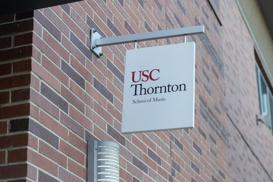 Los Angeles, CA, USA - May 11, 2022: USC Thornton School of Music sign is seen on the main campus of the University of Southern California (USC) in Los Angeles, California.