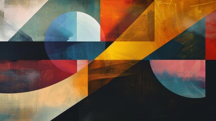 Layered abstract design featuring a mix of geometric shapes in a spectrum of both striking and muted colors