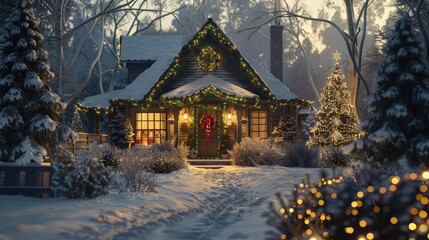 A cozy country cottage adorned with holiday wreaths and glowing with the warmth of festive cheer from within. 8k, realistic, full ultra HD, high resolution, and cinematic