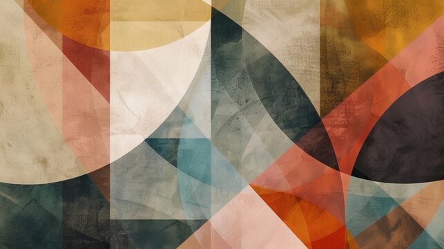 Layered abstract design featuring a mix of geometric shapes in a spectrum of both striking and muted colors