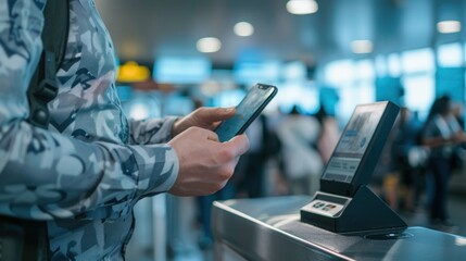 A man using a smartphone to scan a boarding pass at the airport. 