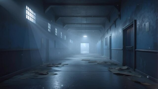 Experience the spine-chilling sensation of wandering through a deserted prison cell corridor room at night, as this unnerving 4K looping video plunges you into a world of fear and uncertainty