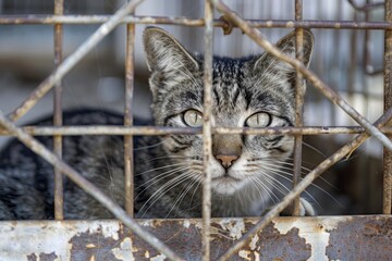 Obraz premium Lonely stray cat in shelter cage abandoned, hungry, and hopeful behind rusty bars