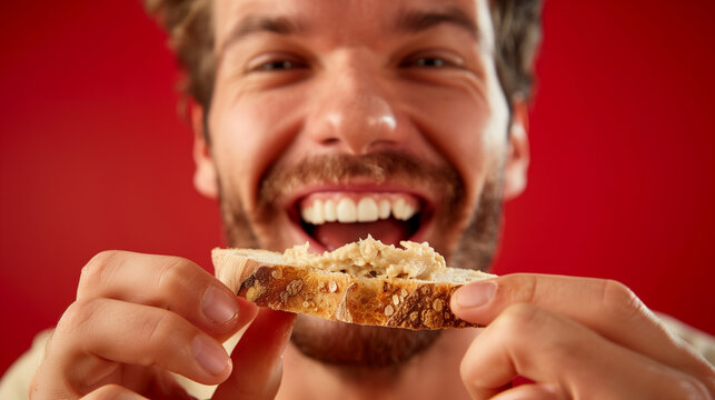 A man is eating a sandwich with a smile on his face. The sandwich is made of bread and has a spread on it. A close frontal view of a Swiss man savoring a bite of bread with creamy hummus