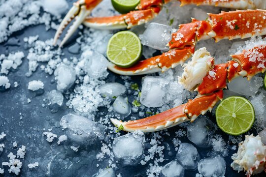 Crab claws on ice with lime and herbs,  Seafood
