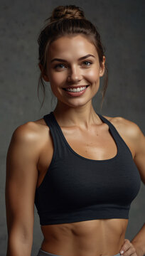 Stunning healthy and fit young woman wearing gym clothes is smiling towards the camera on a clean background