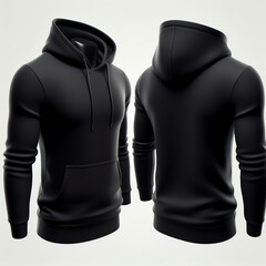 Men's black blank hoodie template,from two sides, natural shape on invisible mannequin, for your design mockup for print,clipping path , cutout