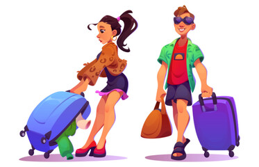 Travel people. Tourist man and woman with suitcase on vacation. Young and happy character with bag in tour icon set. Smart guy walk and attractive female passenger with full baggage of clothes - obrazy, fototapety, plakaty