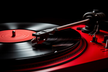 A close-up of a vintage vinyl record spinning on a sleek turntable, with a red label in the...