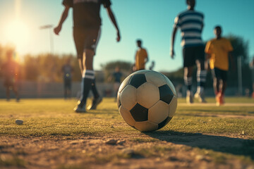 Fototapeta premium A close-up of a soccer ball on a dusty field with players in action during a sunset match, capturing the spirit of the game and community sport.
