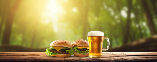 Beef Burger with two glass beer  on wooden table - obrazy, fototapety, plakaty
