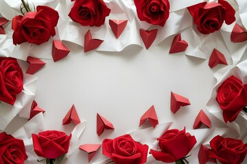 Valentine's Day background with red roses and origami hearts