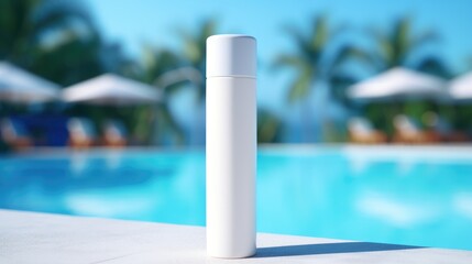 Sunscreen Bottle by a Refreshing Poolside on a Sunny Day
