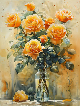 A watercolor painting of yellow roses flowers in vase on rough paper, Generative AI