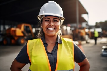 Smiling Female Construction Worker in Safety Gear at Job Site - Powered by Adobe