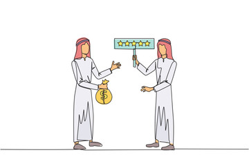 Single continuous line drawing two Arabian men standing opposite each other. One man carry money bag, the other carry rating board with 5 stars. Buy and selling reviews. One line vector illustration