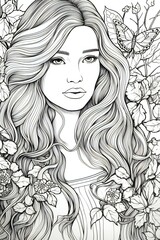 Beautiful young woman with long hair and flowers,  Vector illustration