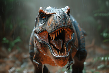 Tyrannosaurus rex dinosaur roaring amidst the rain and prehistoric rainforest