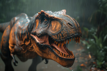Tyrannosaurus rex dinosaur roaring amidst the rain and prehistoric rainforest