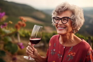 An elegant senior woman, her smile as rich as the wine she toasts with, enjoys a serene moment in a...
