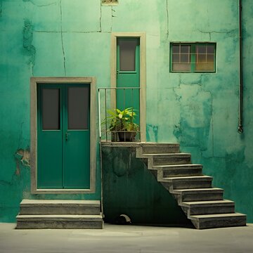 Green door and stairs in turquoise wall, vintage style