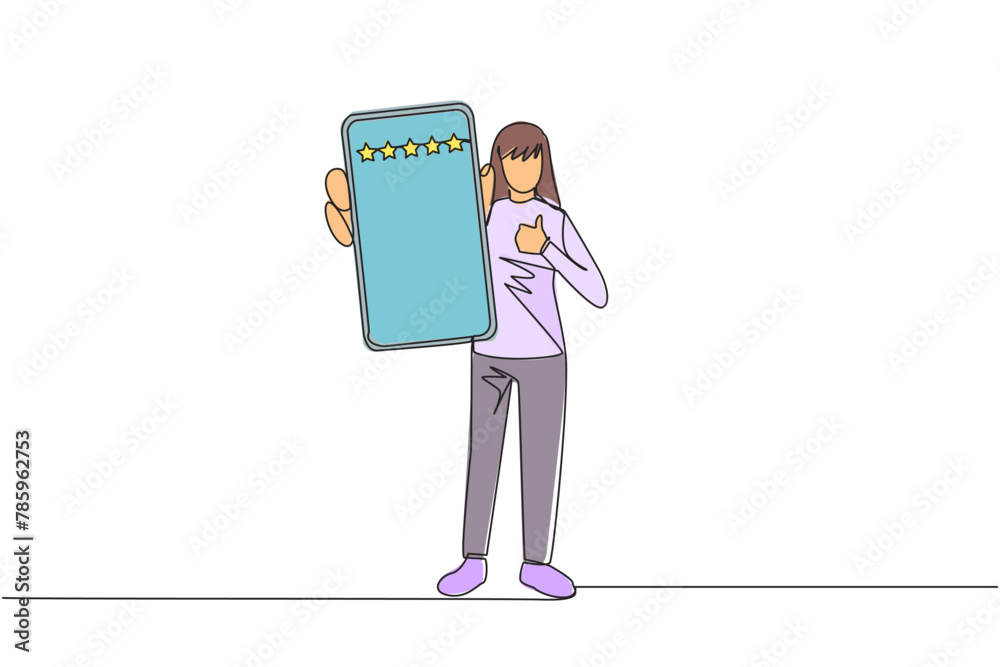 Poster Single continuous line drawing woman standing holding smartphone and showing screen to the front. Giving review of 5 stars to online seller. Satisfied customer. One line design vector illustration