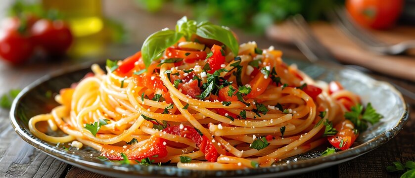 A plate of spaghetti with tomato sauce and basil.