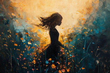 Oil painting translucent light silhouette of a girl against the background of a blue flowering meadow, wall painting for decoration - obrazy, fototapety, plakaty