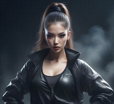 Portrait of a beautiful asian woman in black leather jacket