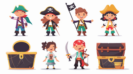 Pirate kids rascals girls and boys in hats and bandan - obrazy, fototapety, plakaty