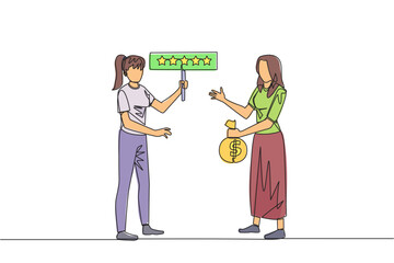 Continuous one line drawing two women standing opposite each other. One woman carry money bag, the other carry rating board with 5 stars. Buy and selling reviews. Single line draw vector illustration