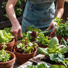 hands of a gardener attending to a vibrant assortment of leafy green vegetables flourishing in terracotta pots on a wooden surface