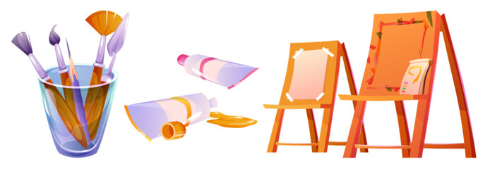 Art tools for painting studio and school concept. Cartoon vector illustration set of artist equipment and stuff - wooden easel with paper for drawing, paint in tube, pencil, spatula and brush in glass - obrazy, fototapety, plakaty