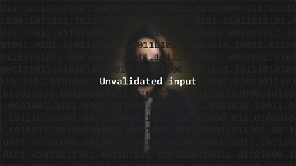 Cyber attack unvalidated input text in foreground screen, anonymous hacker hidden with hoodie in the blurred background. Vulnerability text in binary system code on editor program.