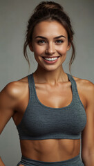 Stunning healthy and fit young woman wearing gym clothes is smiling towards the camera on a clean background