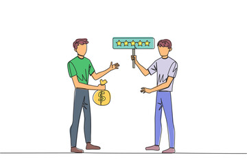 Single continuous line drawing two men standing opposite each other. One man carry money bag, the other carry rating board with 5 stars. Buy and selling reviews. One line design vector illustration
