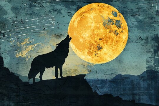 Wolf howling at the full moon,  Collage,  Elements of this image furnished by NASA