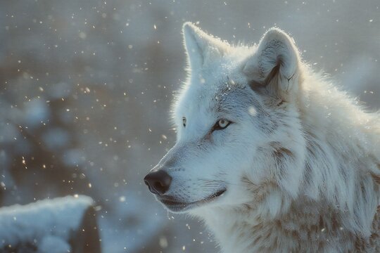 White wolf in the snowy winter forest,  Filtered image processed vintage effect