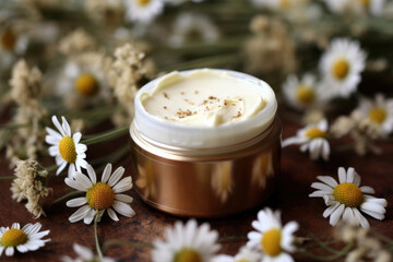 Obraz na płótnie Canvas Organic Chamomile Cream in Jar Surrounded by Fresh Flowers