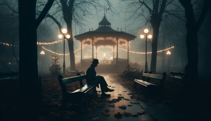 A moody and atmospheric image of a person sitting alone on a park bench. The setting is an evening park scene enveloped in mist - obrazy, fototapety, plakaty