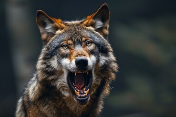 Portrait of a wolf with open mouth,  Close-up - obrazy, fototapety, plakaty