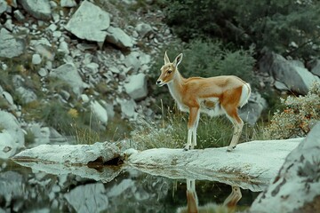 Wild gazelle standing on the edge of a lake in the mountains