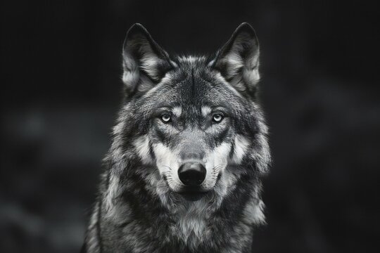 Portrait of a gray wolf,  Black and white photo,  Beautiful animal