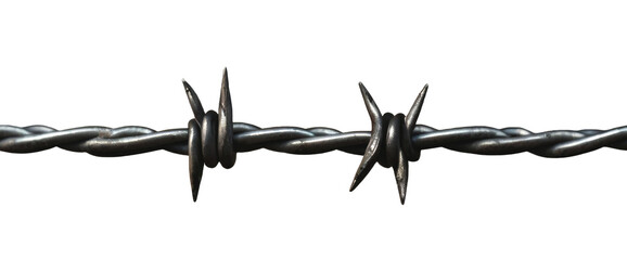A piece of stretched barbed wire with two spikes on a white and transparent background. PNG.