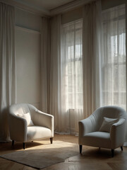 Contemporary Elegance, Large White Light Filtering Curtains with Modern Armchair