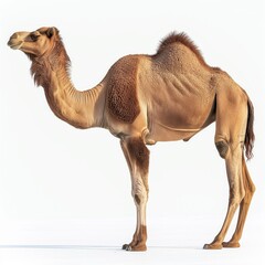 A single camel stands gracefully against a stark white backdrop, highlighting its natural elegance.