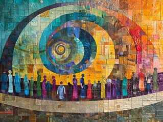 Bring to life the concept of collective consciousness among communities through a visually striking panoramic view Emphasize harmony, diversity, and a shared sense of purpose in a captivating way