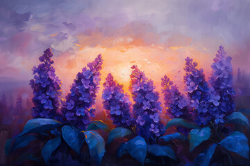 Oil painting of lilacs at sunset, idea for living room wall decor
