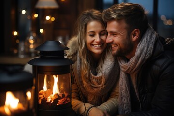 Cozy Couple Sharing a Warm Embrace by the Fireplace