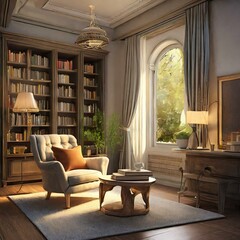 modern living room,3D render illustrating the renovation of a charming reading book, complete with a plush armchair, built-in bookshelves, and soft lighting to perfect spot for relaxation and literary
